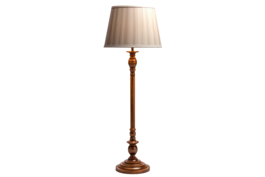 Wooden Floor Lamp With White Shade. A wooden floor lamp featuring a white shade. on a White or Clear Surface PNG Transparent Background.