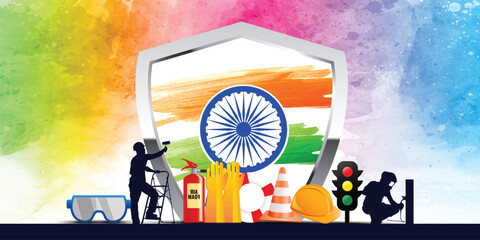 National Safety Day, Week and Worker, Employee Safety Awareness at Workplace, Road Safety Week Day. Ensuring safety first roads and all workers including traffic lights, helmets, safety systems