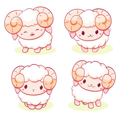 Set of little sheep in kawaii style. Tiny lamb in multiple poses. Cute pet expression sheet collection - funny, happy, surprised. Vector illustration EPS8