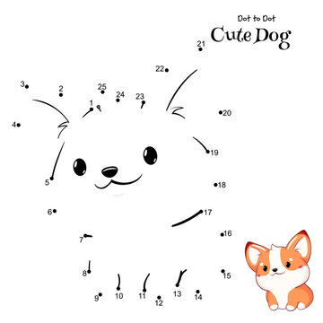 Connect The Dots and Draw Cute Dog. Dot to dot puzzle with cartoon little corgi puppy. Educational Game for Kids. Drawing for Preschool children. Vector Illustration EPS8