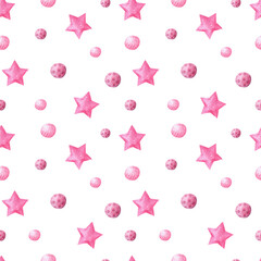 Abstract celebration seamless pattern with pink watercolor stars on white background. Great for cards, scrapbooking, party invitation, packaging, surface design.