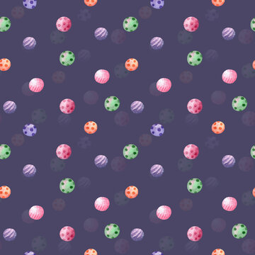 Watercolor abstract seamless pattern with watercolor textures of green, pink, violet, orange round spots on violet background for cards, scrapbooking, party invitation, packaging, surface design