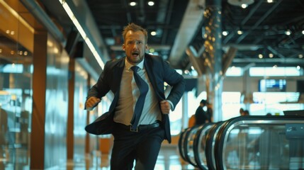 A man in a business suit is late for his flight and runs through the airport with a scared face.