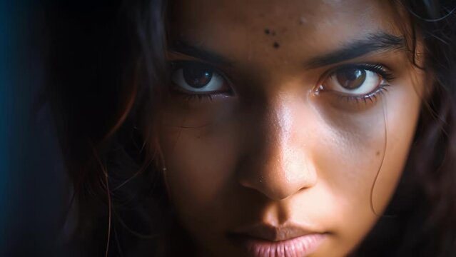 A closeup of a young Indian woman showcasing the worldwide prevalence of bipolar disorder and its impact on individuals of all races and ethnicities, Close-Up Portrait of female With Blue Eyes