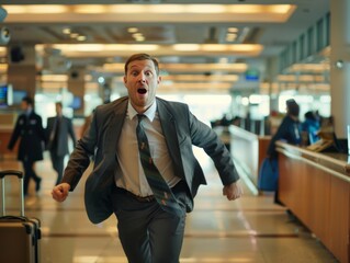Naklejka premium A man in a business suit is late for his flight and runs through the airport with a scared face.