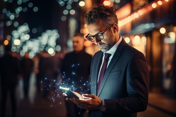 Man, phone and hologram for city communication, networking and connection or student travel with internet speed