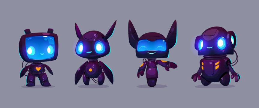 Set of robot mascots isolated on background. Vector cartoon illustration of cute black bot characters with emotions on led screen face, antenna on head, ai technology, service app, smart chatbot