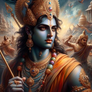Oil Painting Close-Up: Indian God Krishna in the Mahabharat War