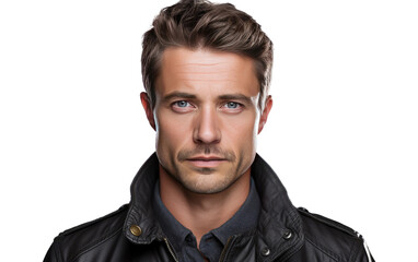 Obraz premium Man in Leather Jacket Looking at Camera. A man wearing a leather jacket looks directly at the camera, creating a confident and engaging visual. on a White or Clear Surface PNG Transparent Background.