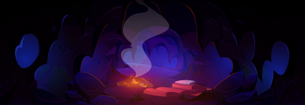 Dark cave with sleeping bag near bonfire. Vector cartoon illustration of fire burning in underground grotto, smoke filling narrow mountain tunnel, tourist overnight equipment on ground, adventure game