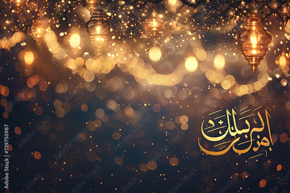 Poster bokeh gold lights background with ramadan greeting written in both english and arabic
