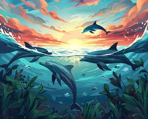Delfine im Meer Poster / Delfin Wallpaper / Tier und Natur Illustration / Spielende Delfine / 5:4 Format / Ai-Ki generiert - obrazy, fototapety, plakaty