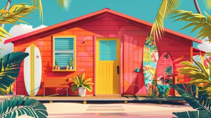 Vibrant Beach Bungalow: Bright Pop Art Illustration of Tropical Prints and Surfboards for Coastal Home Decor and Interior Design