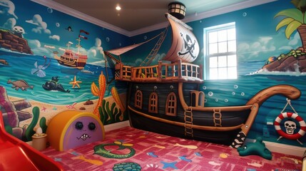 Whimsical Coastal Playroom with Pirate Ship Decor and Mermaid Murals - Fun and Colorful Cartoon...