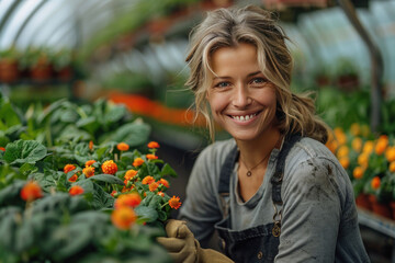 A happy female nursery owner with pot of flowers inside greenhouse.
