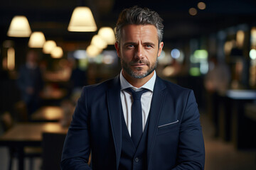 Fototapeta premium A happy middle aged business man ceo wearing suit standing in office.