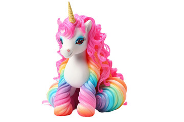 Pink and Blue Unicorn Toy. A pink and blue unicorn toy sits peacefully creating a colorful and whimsical scene. on a White or Clear Surface PNG Transparent Background.