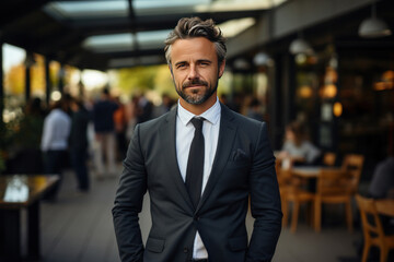 Fototapeta premium A happy middle aged business man ceo wearing suit standing in office.