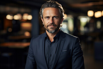 Fototapeta premium A happy middle aged business man ceo wearing suit standing in office.