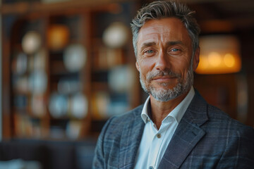 Fototapeta premium A happy middle aged business man ceo wearing suit standing in office.