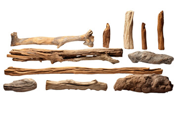 Assorted Driftwood Group. A collection of various types of driftwood arranged together. on a White or Clear Surface PNG Transparent Background. - obrazy, fototapety, plakaty