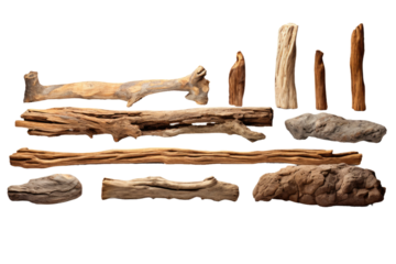 Assorted Driftwood Group. A collection of various types of driftwood arranged together. on a White or Clear Surface PNG Transparent Background.