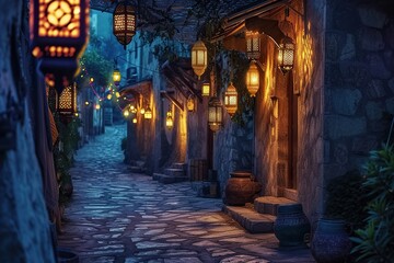 Fototapeta na wymiar tranquil night scene of the winding alleys of an Islamic city adorned with lanterns.