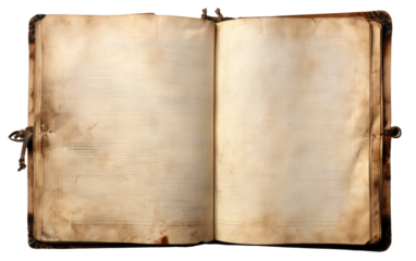 Old Book Opened. An aged book with worn pages is opened. on a White or Clear Surface PNG Transparent Background.