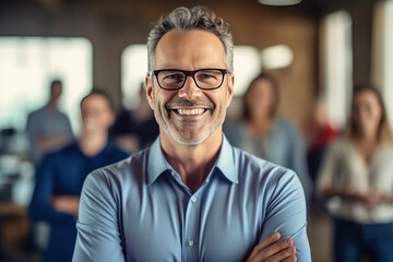 Obraz premium A happy professional man in office with eyeglasses, folded arms and confident expression as other workers hold a meeting in background.
