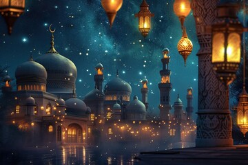 tranquil night scene with lanterns hanging from home and starlight reflected on domes of mosques