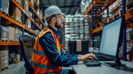 A warehouse worker works with a computer. Logistics and delivery. - Powered by Adobe