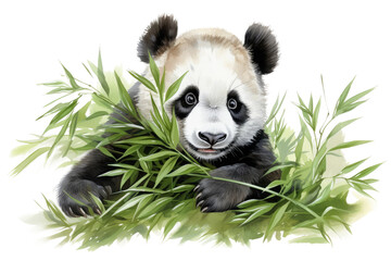 Panda Bear Sitting in the Grass. A panda bear calmly sits in the grass, surrounded by a lush green...