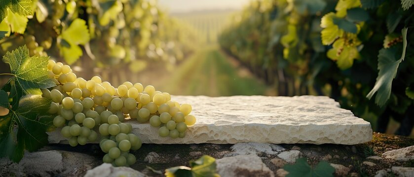 Empty natural stone pedestal for product presentation with green grapes in a vineyard for shop sale, marketing, wine advertising, web, social media or posters and wallpaper.