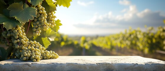 Empty natural stone pedestal for product presentation with green grapes in a vineyard for shop...