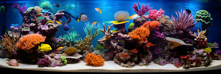 Obraz na płótnie Canvas Stunning Depiction of Underwater Ecosystem - Brightly Colored Fish in Decorated Marine Aquarium