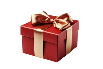 Fototapeta premium A beautifully decorated red box with a shiny gold ribbon and a meticulously tied bow. on a White or Clear Surface PNG Transparent Background.