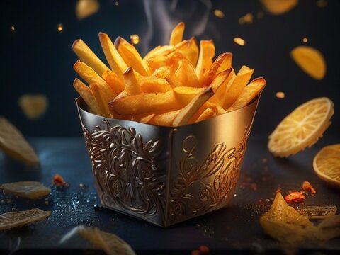 Deep Fried Potato Sticks On Plate, Cinematic Food Photography 