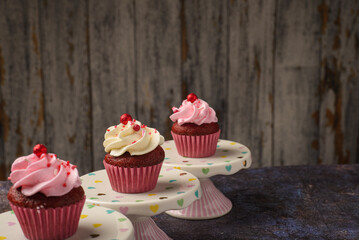 Cupcakes on small ceramic plate with wooden bottom with copy space. Product photo.