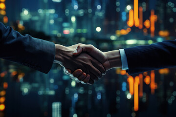 Double exposure, close up hand of business handshake for successful of investment deal and city night background.