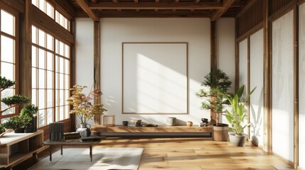 Old wooden frame mockup in japanese farmhouse living room interior, 3d rendering. Generative Ai - obrazy, fototapety, plakaty