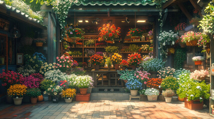 Fototapeta na wymiar Flower shop adorned with an abundance of colorful flowers on display, inviting passersby into the cozy botanical haven.