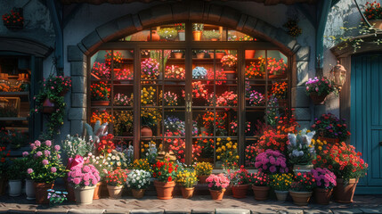 Flower shop adorned with an abundance of colorful flowers on display, inviting passersby into the cozy botanical haven.