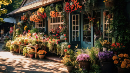 Fototapeta na wymiar Flower shop adorned with an abundance of colorful flowers on display, inviting passersby into the cozy botanical haven.