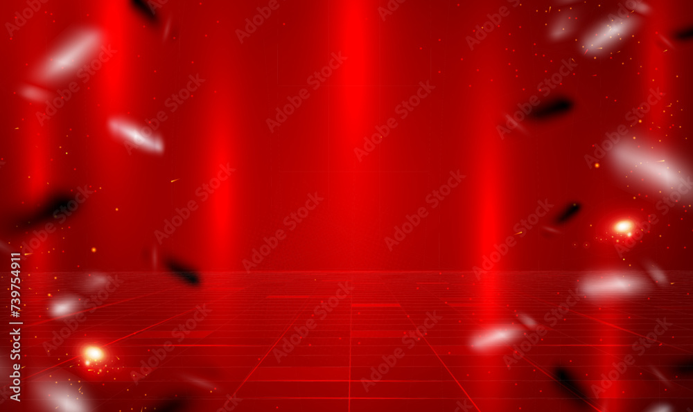 Poster abstract futuristic background of red empty stage with light effect and falling confetti, empty scen