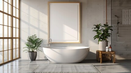 Fototapeta na wymiar Poster frame mockup in bathroom interior background, japanese style, 3d render. Generative Ai