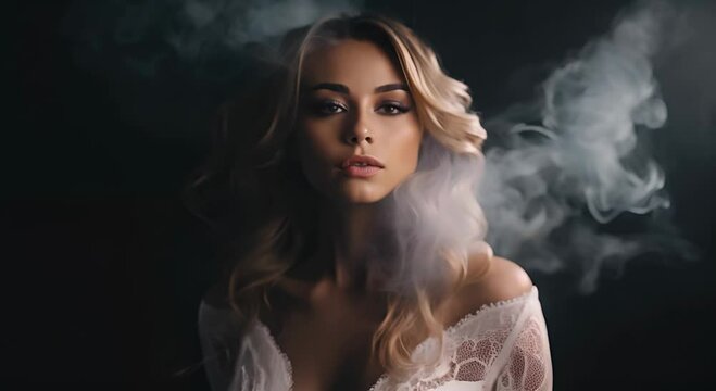 Smoking an electronic cigarette. The girl's face is covered with smoke from vape. Portrait of a female smoker in a cloud of smoke. A woman smokes a VAPE on a dark background
