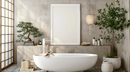 Poster frame mockup in bathroom interior background, japanese style, 3d render. Generative Ai