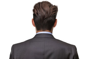 A photo capturing the back view of a man dressed in a suit and tie. on a White or Clear Surface PNG Transparent Background.