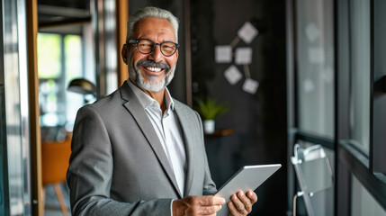 Confident senior businessman with tablet in modern office. Corporate environment.