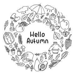 Hello autumn doodles. Black outlined hand drawing illustration. Fall theme cartoon vector art.